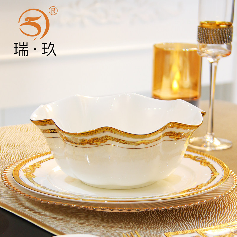 欧式轻奢汤碗家用骨瓷餐具8英寸创意金边沙拉碗大碗汤菜碗大盆碗