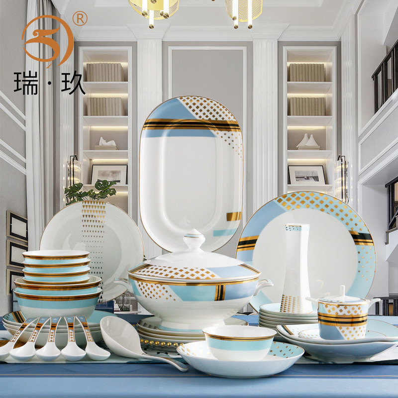 现代风骨瓷餐具套装60头家用碗碟组合十人餐具成套简约创意餐具礼