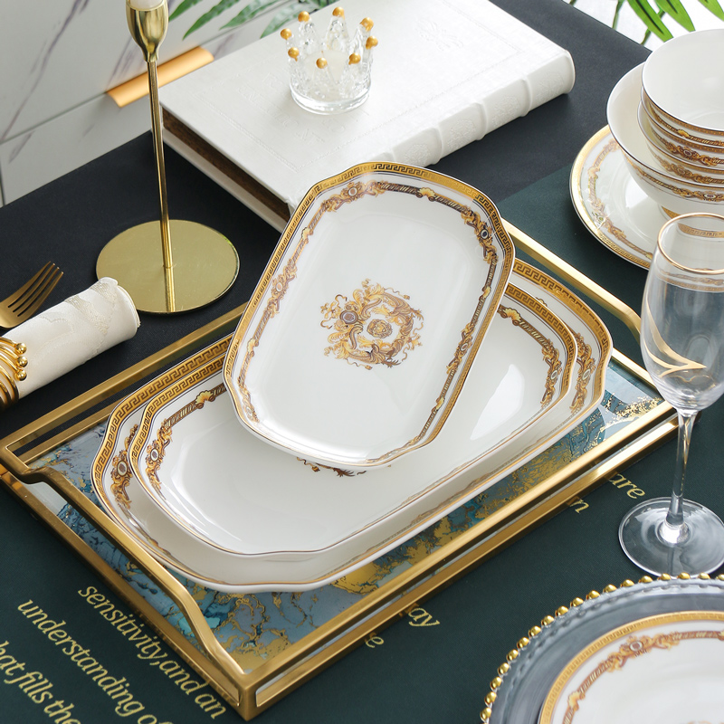 鱼盘子家用新款h大号长方形大盘子骨瓷金边鱼盘餐具菜盘微波炉鱼