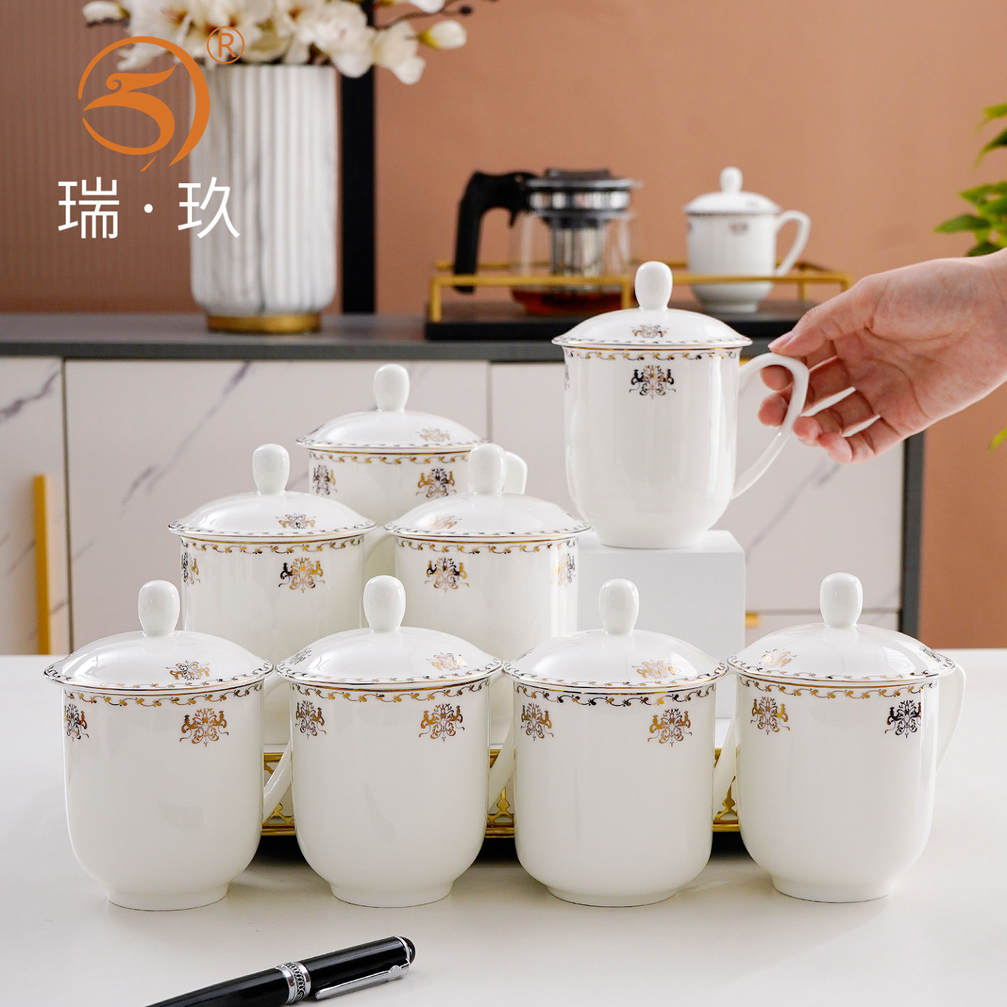 10个商用带盖骨瓷会议办公杯定制
