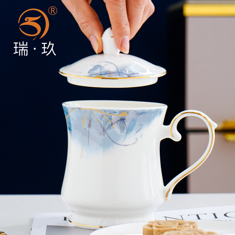 办公杯骨瓷轻奢带盖描金茶杯定制