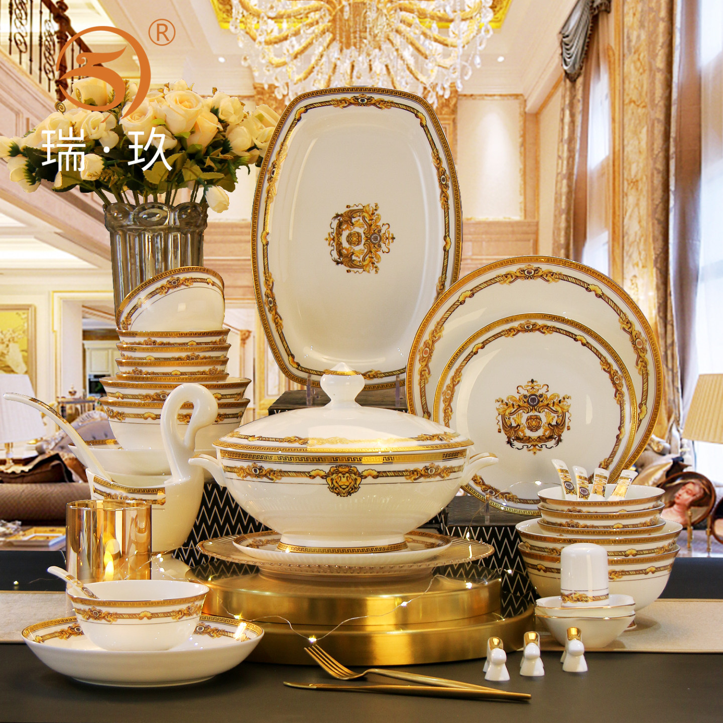 60头骨瓷餐具套装10人家用组合碗盘成套餐具欧式碗碟套装套餐餐具