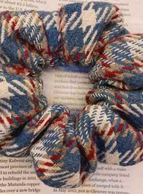 韩国秋冬格纹大肠发圈iu同款雾霾蓝色学生简约百搭发绳头绳发饰