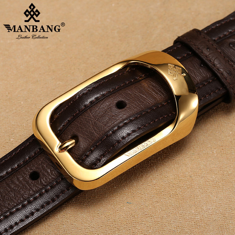 腰带曼邦鸵鸟皮男士商务铜