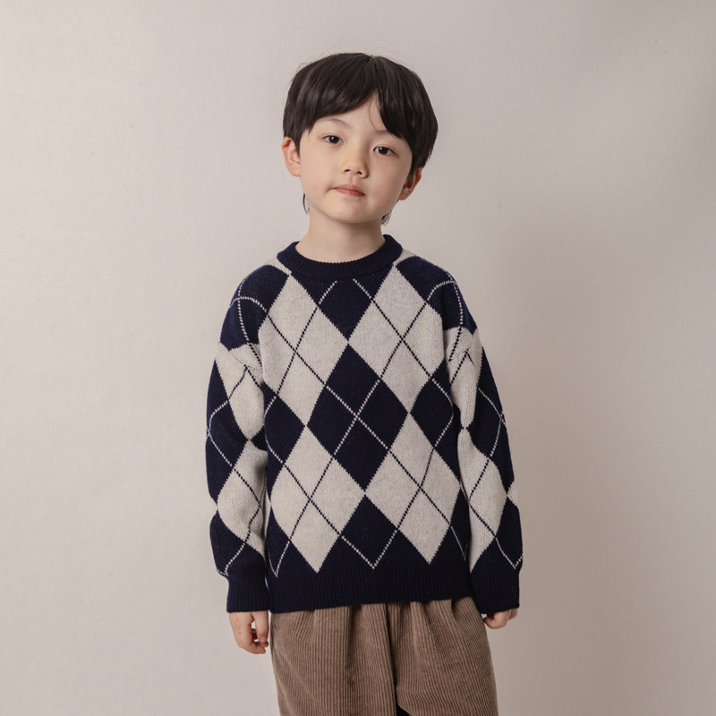 【100%羊毛】男童毛衣儿童羊毛衫针织打底圆领加厚菱形图案洋气潮