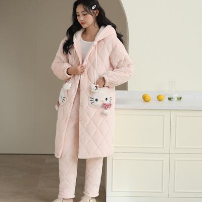 瑶梦琪2025冬季睡衣女三层澳毛绒夹棉加绒家居服中长款睡袍裤子