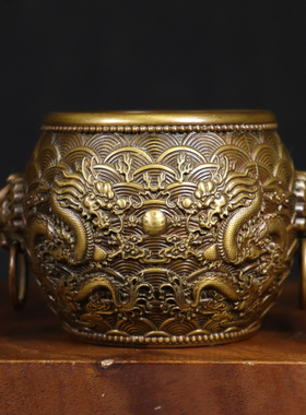 纯铜二龙戏珠缸招财龙缸仿古明清黄铜古典招财礼品桌面摆件