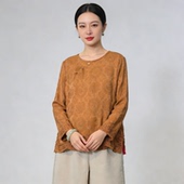 上衣女棕色宽松套头气质国风衬衫 8726新中式 圆领长袖
