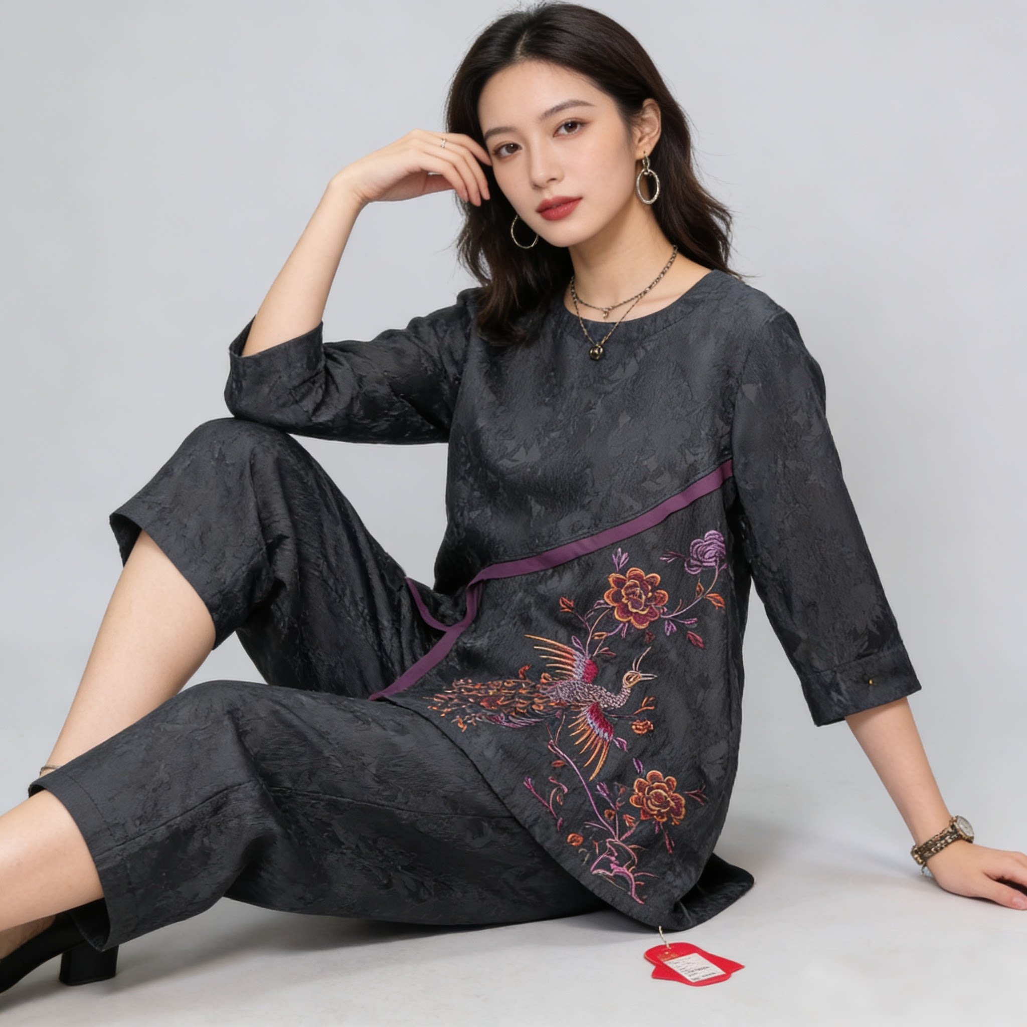 女夏季中国风刺绣印花阔腿两件套