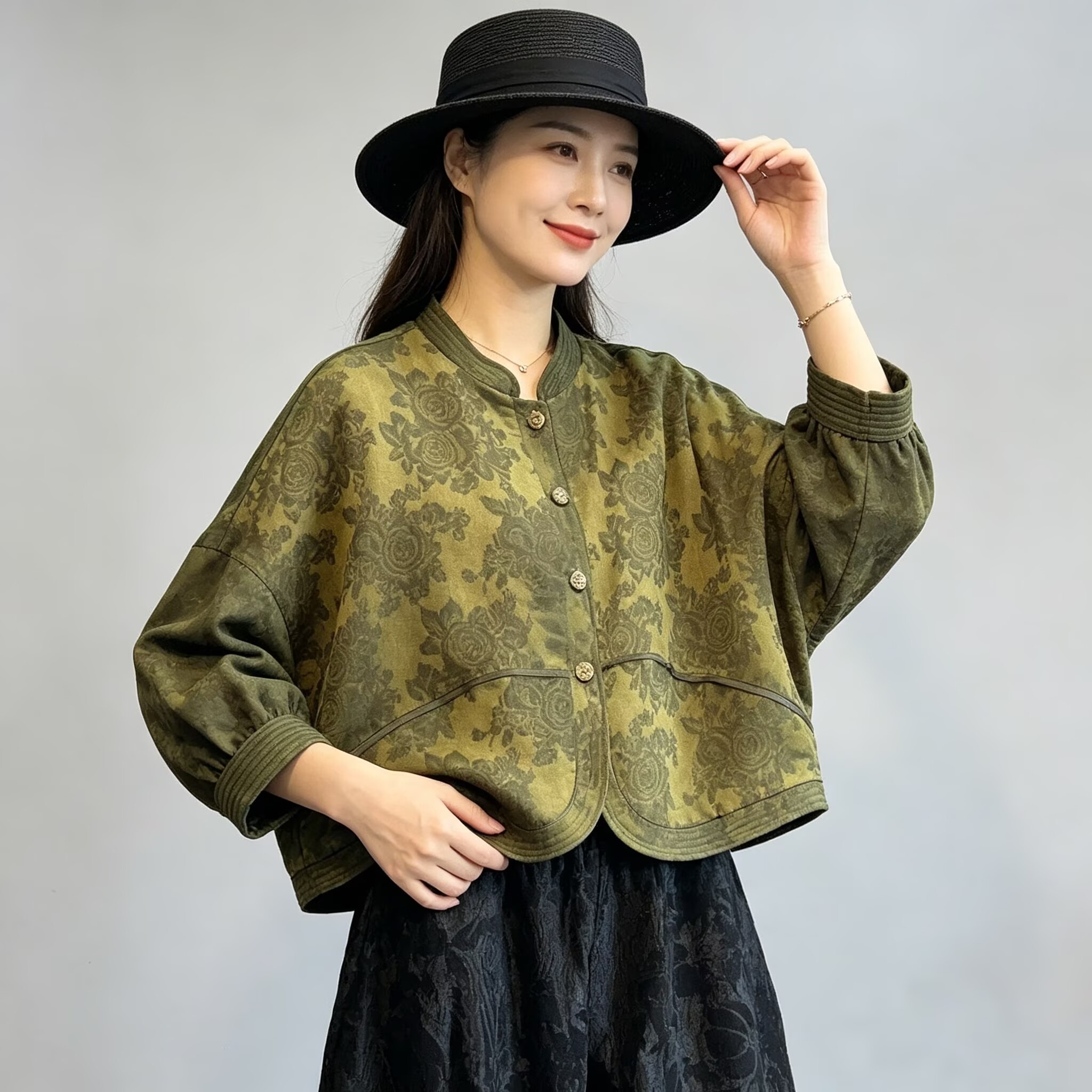 新中式复古印花宽松开衫女外套