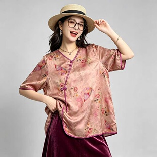 32258新中式风V领印花上衣女夏宽松显瘦短袖盘扣茶服复古文艺衬衫