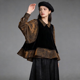 8721复古拼接风假两件丝绒上衣女长袖宽松气质蝙蝠袖小衫
