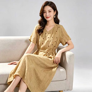 26X6072法式V领短袖连衣裙女夏季莱赛尔收腰显瘦中长裙气质裙