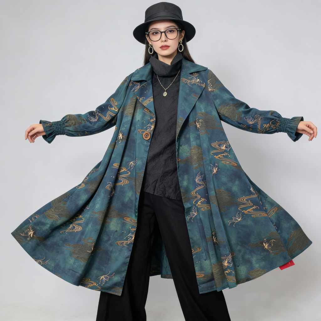 76601新中式翻领长袖风衣女中长款宽松显瘦印花外套气质