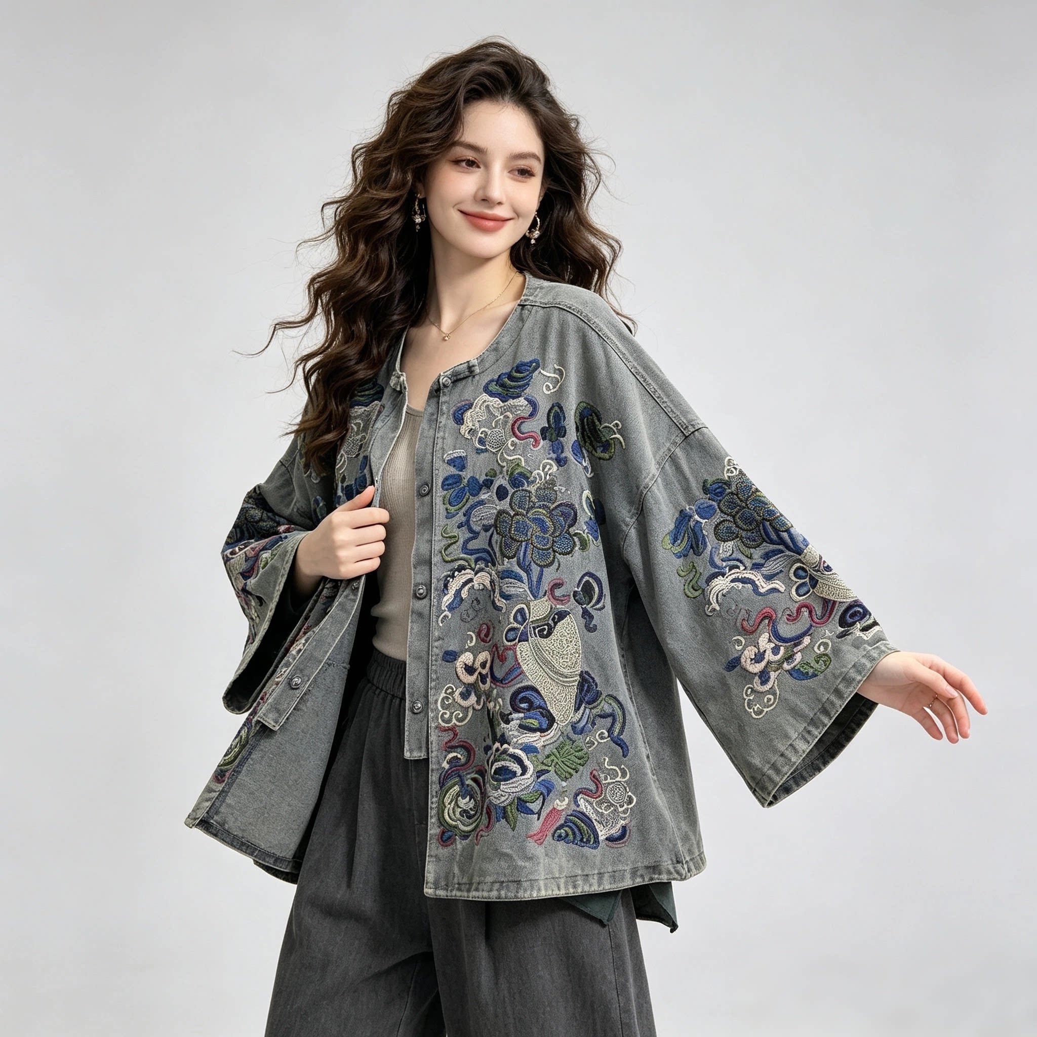 新中式花卉刺绣牛仔短款夹克女