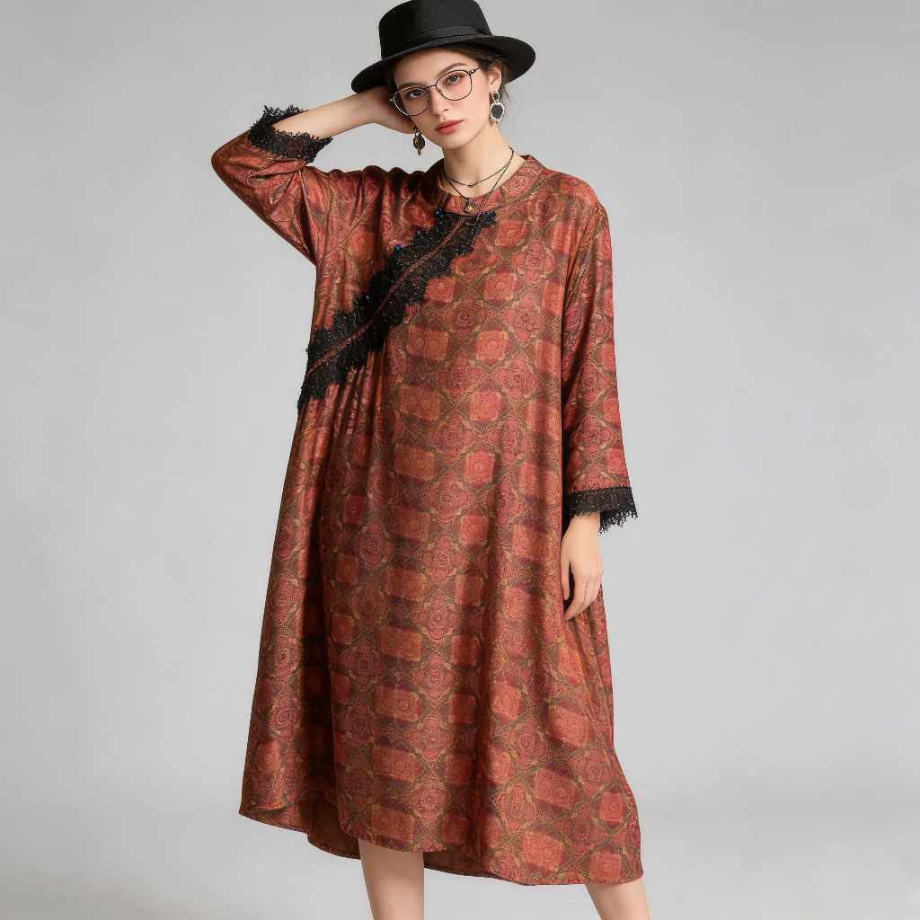 76019复古风印花连衣裙女长袖娃娃领蕾丝拼接中长款显瘦气质裙