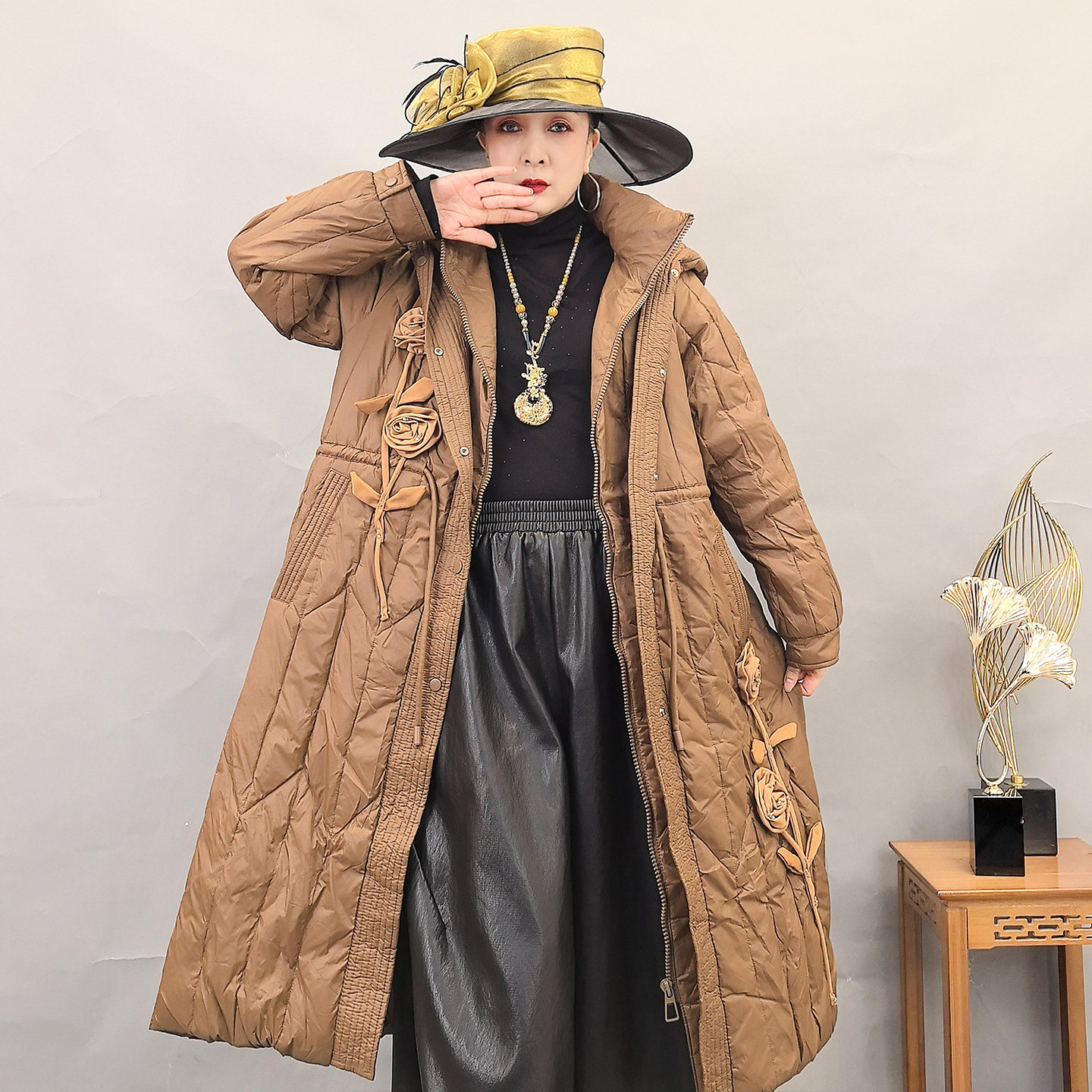 中长款高端假两件连帽洋气羽绒服