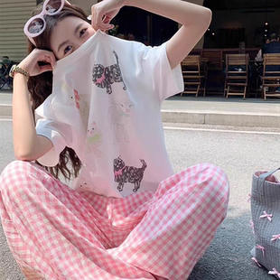 格子長褲 2025新款 夏季 可外穿可愛卡通家居服套裝 純棉短袖 睡衣女款