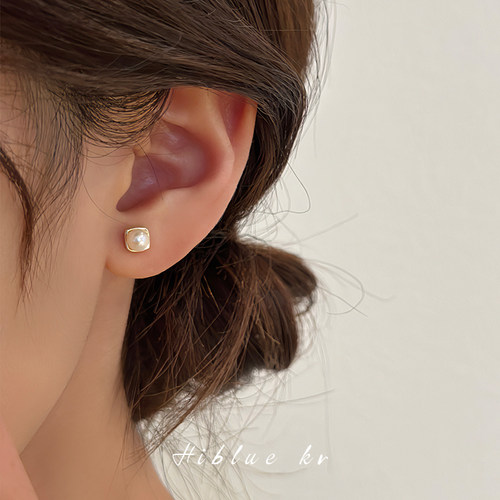 气质方块珍珠耳钉小巧精致法式