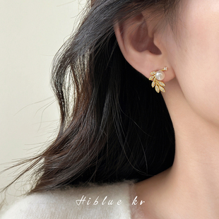 天然淡水珍珠锆石树叶耳钉女秋冬独特小众耳环2026新款爆款高级感