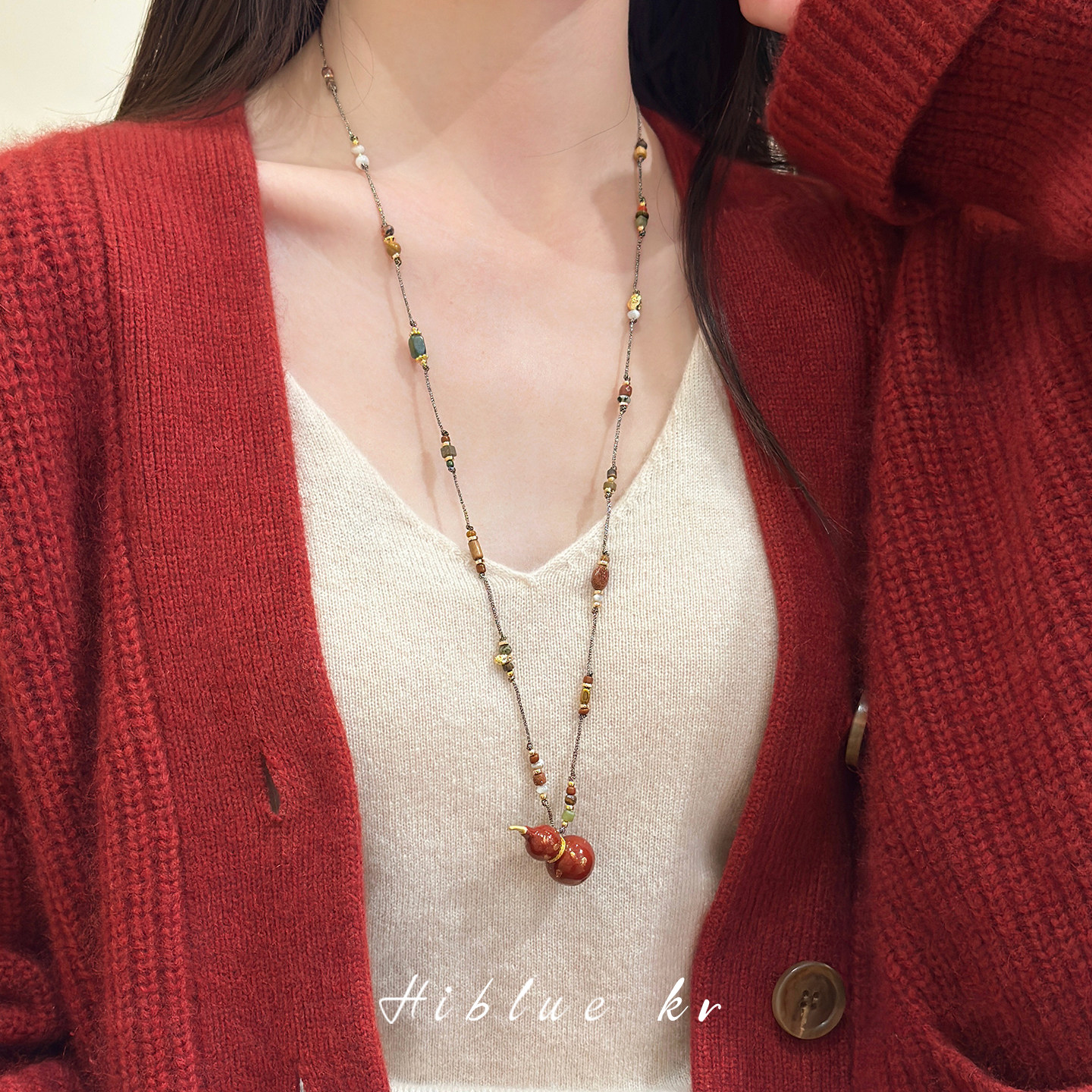 新中式新年红色葫芦吊坠项链女天然石虎眼石串珠毛衣链长款高级感