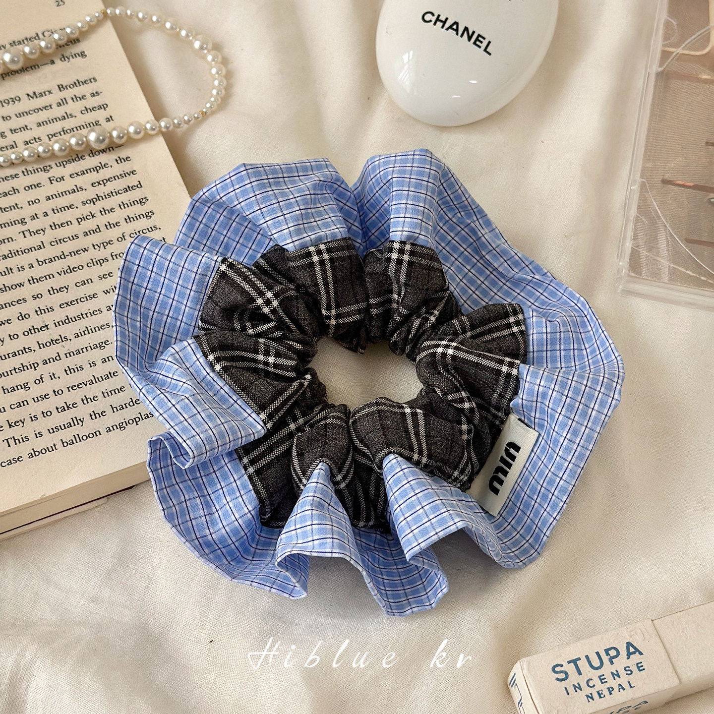 韩系学院风蓝色格纹双层大肠发圈女扎头发绑马尾头绳气质小众2026,饰品/流行首饰/时尚饰品新,发饰,淘宝优惠券,粉丝福利购,淘宝优惠卷