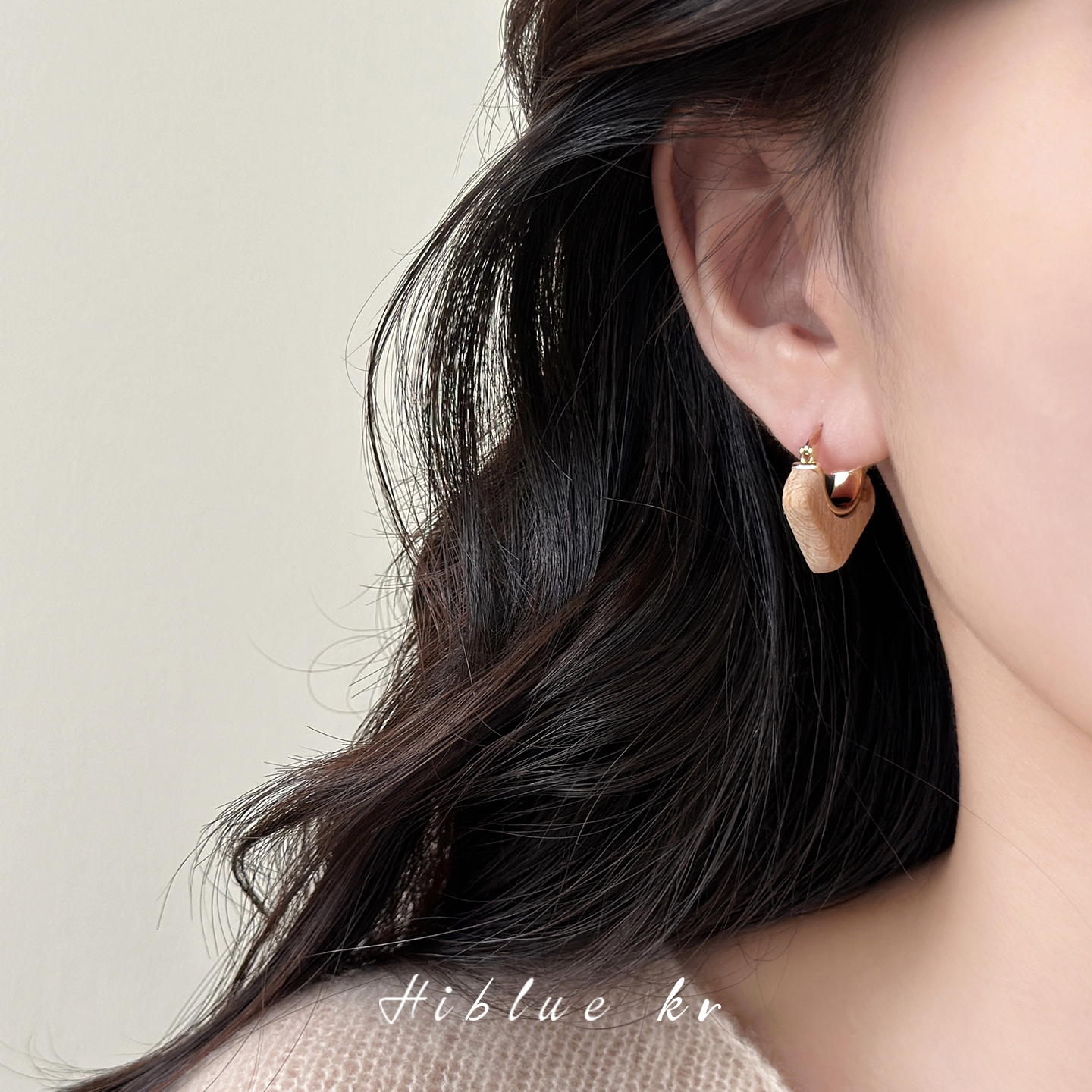 海蓝蓝方形木质吊坠爱心耳环耳扣