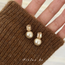 摩卡棕施家珍珠吊坠方形锆石耳环女秋冬轻奢高级感气质耳饰2025