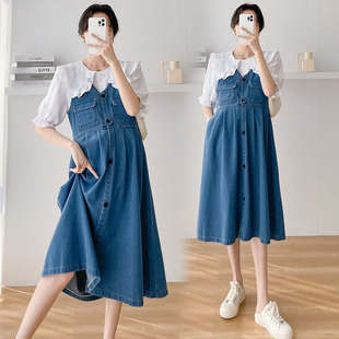 孕妇装连衣裙夏装套装韩版时尚遮肚娃娃领牛仔裙两件套夏款孕期裙