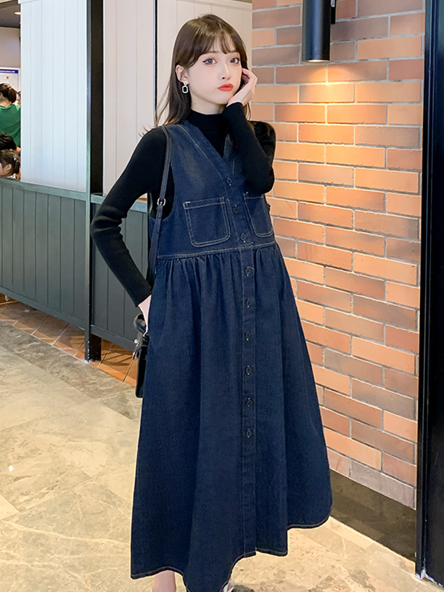 NEW FASHION 2024 SLIM MATERNITY DRESS SPRING AUTUMN DENIM STRAP SKIRT BASE LAYER TOP DRESS TWO PIECE SET
