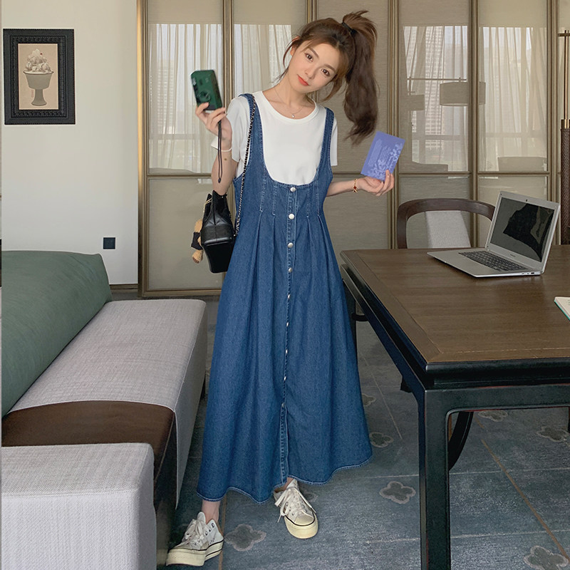 蓝色复古牛仔连衣裙套装女2025年秋季新款慵懒风衬衫背心裙两件套,女装连衣裙,浙宝113