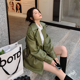 复古绿色皮衣外套女2024年秋季新款高级感港风气质显瘦中长款风衣，女装皮衣，浙宝113