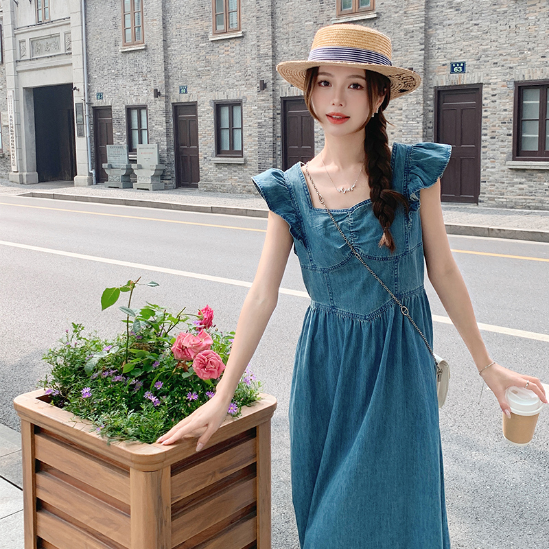薄款小飞袖牛仔连衣裙女夏季2024法式复古减龄别致收腰显瘦长裙子，女装连衣裙，浙宝113