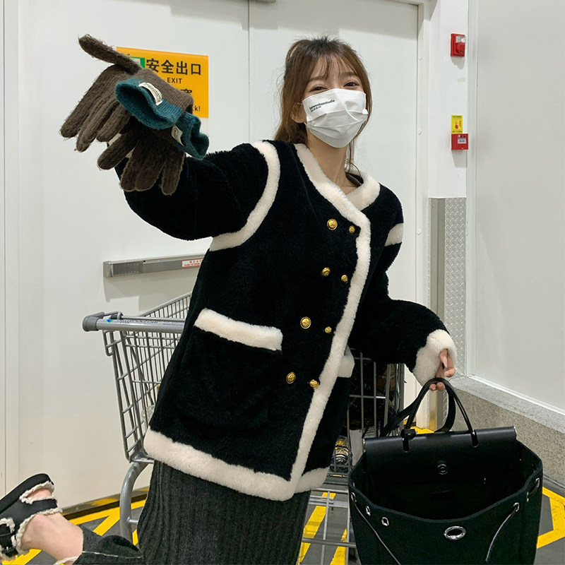 黑色小香风羊羔毛外套女2023冬季新款韩版今年流行小个子加厚大衣,女装派克服,浙宝113