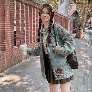 美式复古贴布浅色牛仔外套女春秋新款小个子休闲网红炸街宽松夹克图片