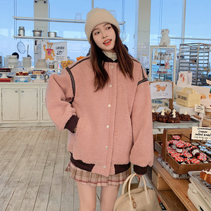 【大货已出】羊羔毛拼PU皮皮毛一体棒球服外套 227-P175-K258图片