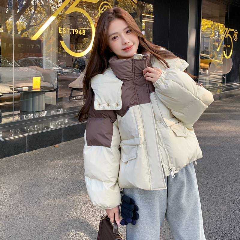 韩版短款拼接撞色工装90羽绒服女2025冬季新款加厚显瘦白鸭绒外套,女装羽绒服,浙宝113