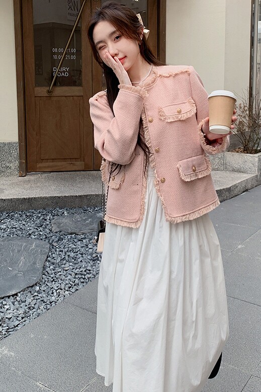 粉色流苏边小香风外套女2023春秋新款法式名媛设计高级感气质上衣,女装短外套,浙宝113