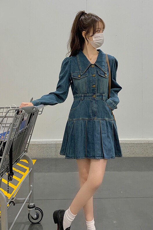 复古气质牛仔连衣裙小个子2025新款女高端轻奢收腰显瘦百褶裙超火,女装连衣裙,浙宝113