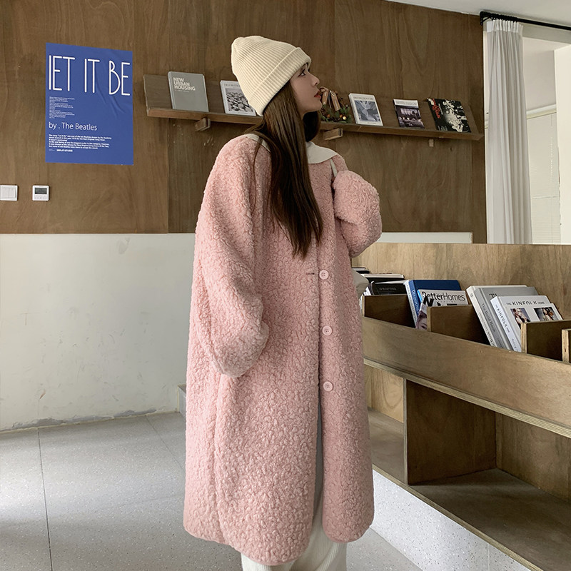粉色羊羔毛外套女2025冬季新款韩系宽松加绒加厚长款皮毛一体大衣,女装皮草,浙宝113