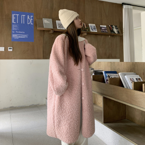 粉色羊羔毛外套女2025冬季新款韩系宽松加绒加厚长款皮毛一体大衣图片