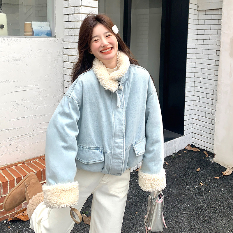 设计感小众羊羔毛拼接牛仔羽绒服女冬季今年流行爆款白鸭绒厚外套,女装羽绒服,浙宝113