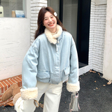 设计感小众羊羔毛拼接牛仔羽绒服女冬季今年流行爆款白鸭绒厚外套，女装羽绒服，浙宝113