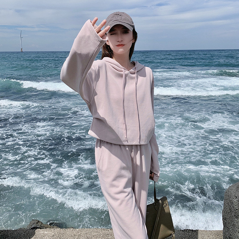 韩版盐系减龄连帽卫衣套装女2025春秋季新款宽松显瘦阔腿裤两件套,女装运动套装,浙宝113