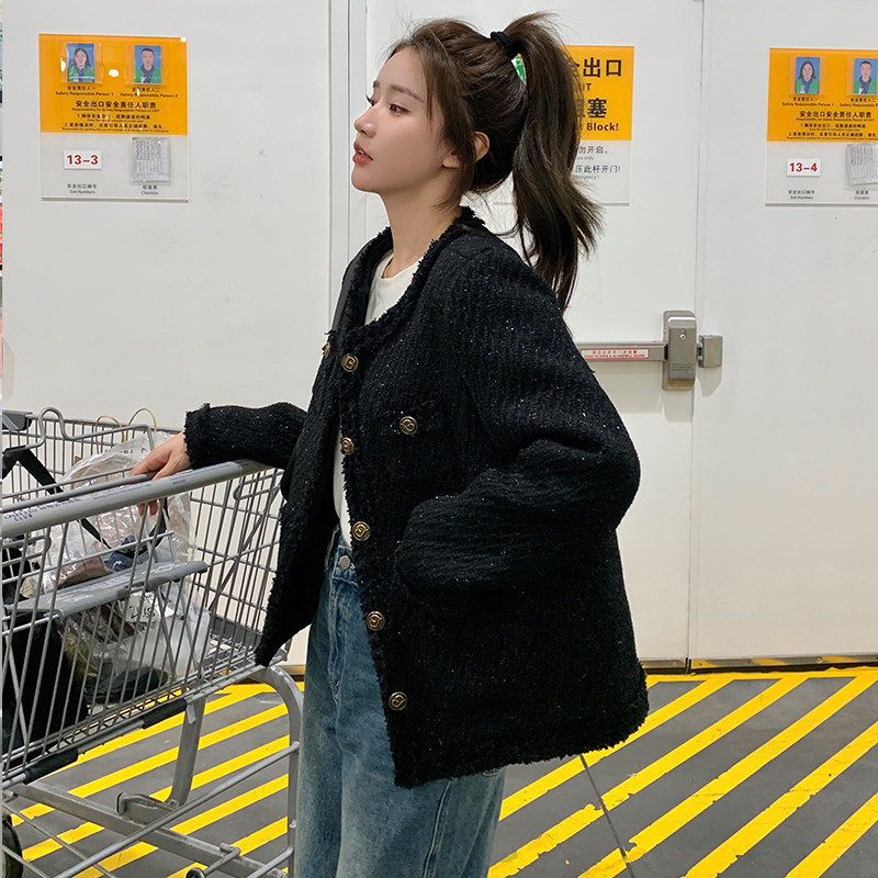 黑色小香风外套女春秋2025新款超好看高级感精致短款v领亮丝上衣,女装羽绒服,浙宝113