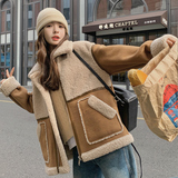 独特超好看羊羔毛拼接麂皮绒外套女冬加厚保暖机车服皮毛一体棉衣，女装短外套，浙宝113