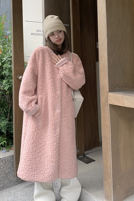 粉色中长款羊羔毛外套女冬2024新款学院风过膝皮毛一体颗粒绒大衣,女装皮草,浙宝113