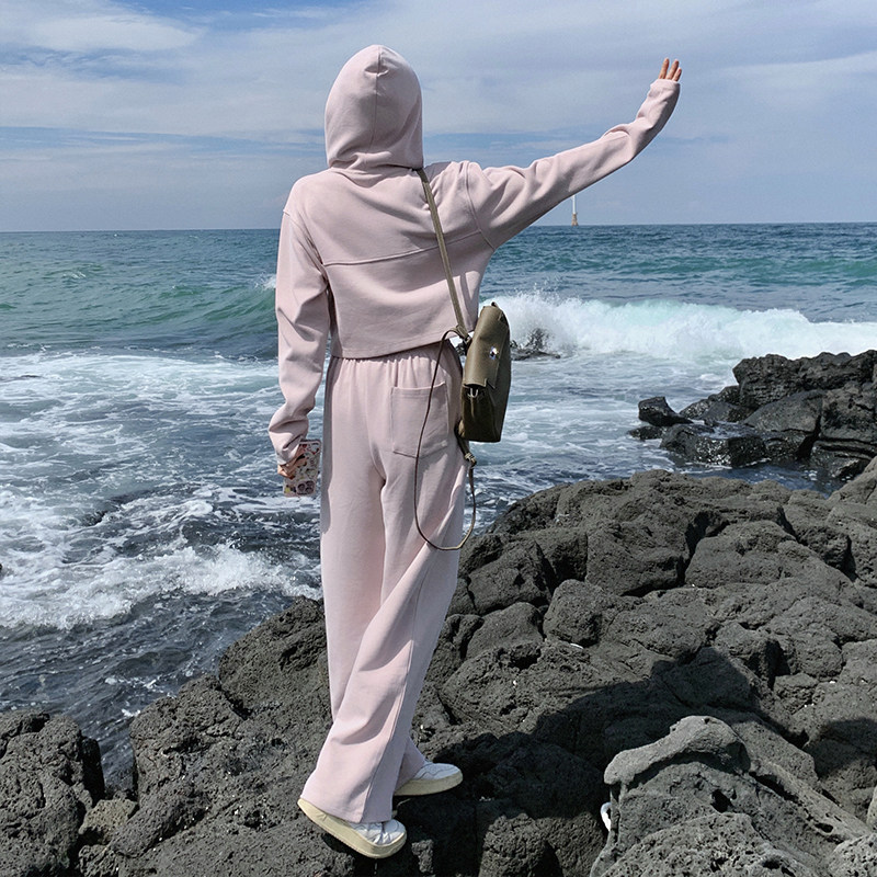 韩版盐系减龄连帽卫衣套装女2025春秋季新款宽松显瘦阔腿裤两件套,女装运动套装,浙宝113