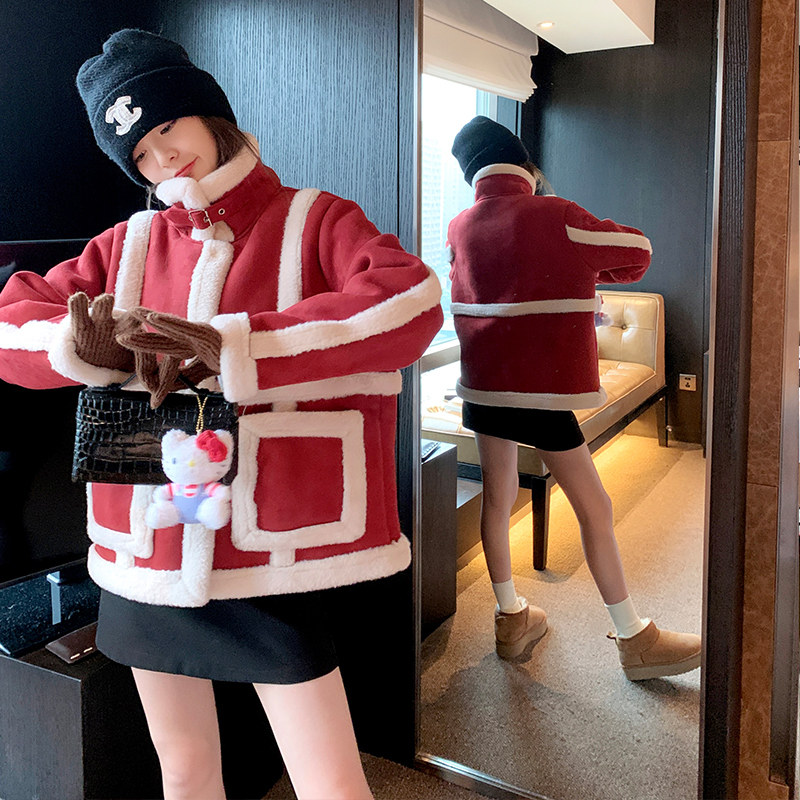【大货已出】圣诞红麂皮绒仿兔毛皮毛一体886-P180-K268,女装派克服,浙宝113