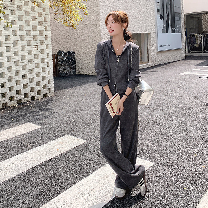 深灰色卫衣运动套装女秋季2024新款韩系显瘦松弛感休闲长裤两件套,女装套装/套裙,浙宝113